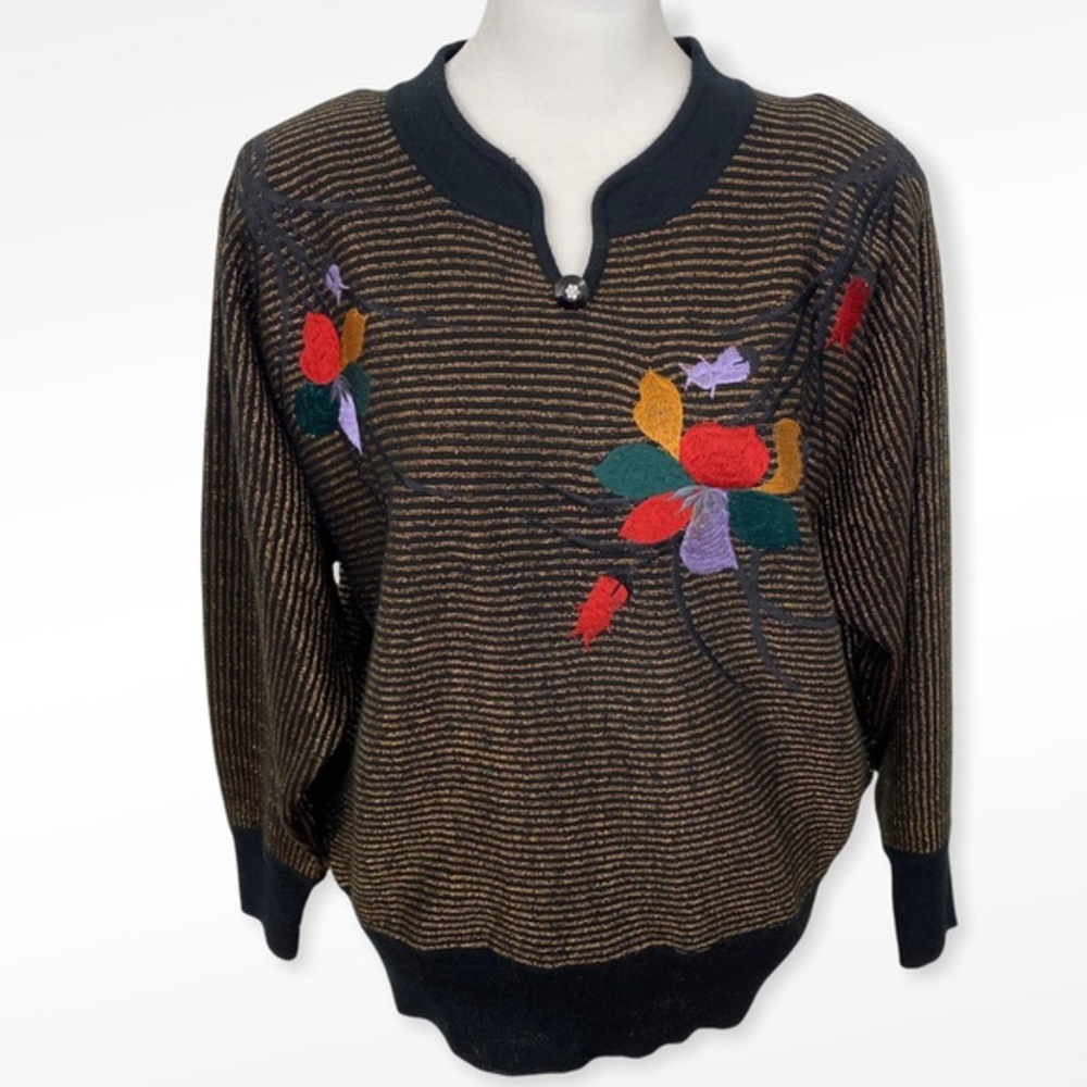 Vintage Bronze Metallic Stripe Floral Embroidered Knit Top M/L